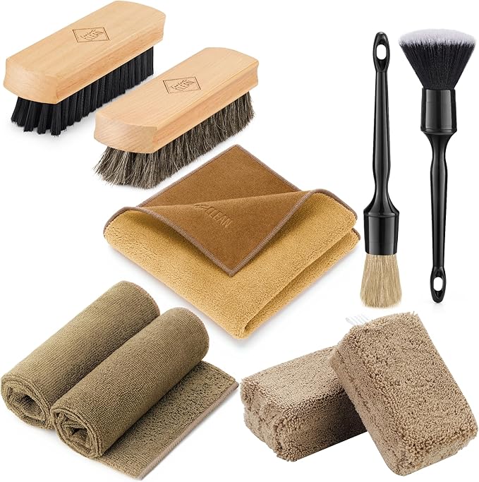 Fantasticlean 9PC Car Detailing Kit，Boars Hair Brush，Horse Hair Bristle，Suede-Coral Cloth，Car Dust Brush，Microfiber Towel & A