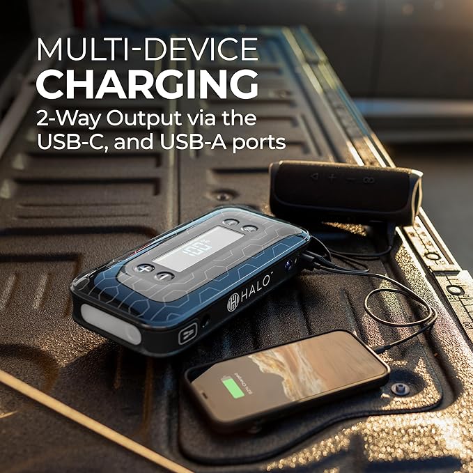 HALO Bolt Air+ 1750 Portable Car Battery Jump Starter | 130 PSI Air Compressor, 59.9Wh USB Power Bank, Large Display,