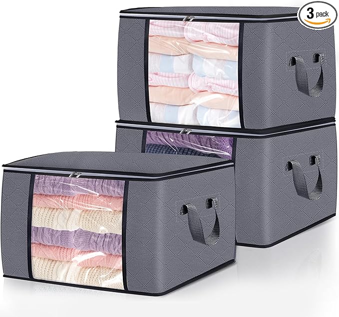 3 Pack Clothes Storage Bags, 90L Large Blanket Storage Bag Comforter Storage Bin with Reinforced Handle and Lid Foldable Clos