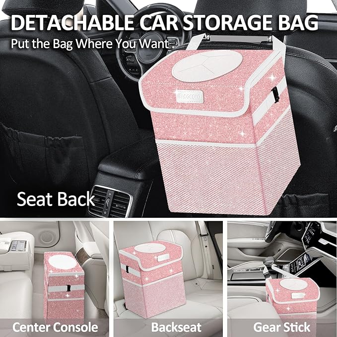 Cute Mini Car Trash Bag with Lid, Glitter Garbage Can Bin Hanging for Back/Front Seat/Console, Waterproof, Leakproof, 2.5 Gallon, Pink Bling Sparkly