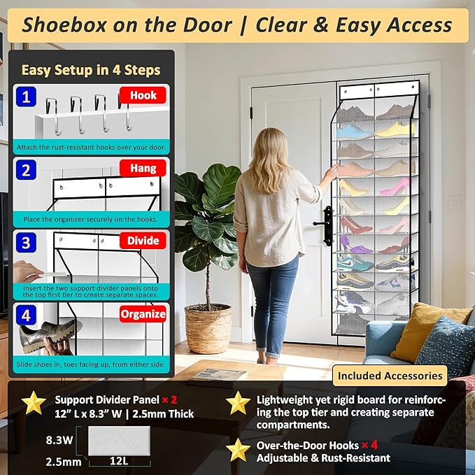 Kotkn 24-Pair Over Door Shoe Organizer for Family & Kids, Double Sided | Hanging Storage for Sneakers, Boots, Toys & Room Org