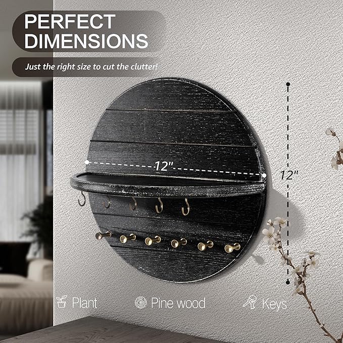 Rebee Vision Pine Wood Key Holder Wall Mount Decorative - Round Wooden Rustic Key Holder for Wall with 11 Hooks and Shelf - C