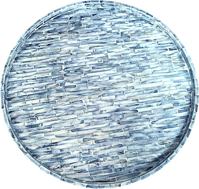 i-lan 17-inch Mother of Pearl Lazy Susan – Blue Brick Pattern Rotating Turntable with Smooth Spin, Large Decorative Tray for 