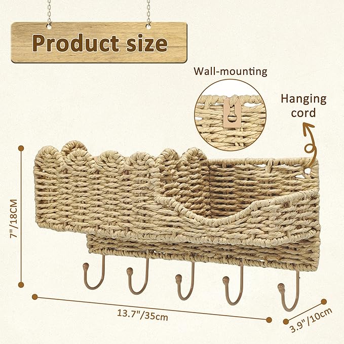 Hook Woven Rattan Key Holder & Mail Organizer, Scalloped Wave Design Decorative Wall Mount for Entryway, Living Room & Hallwa