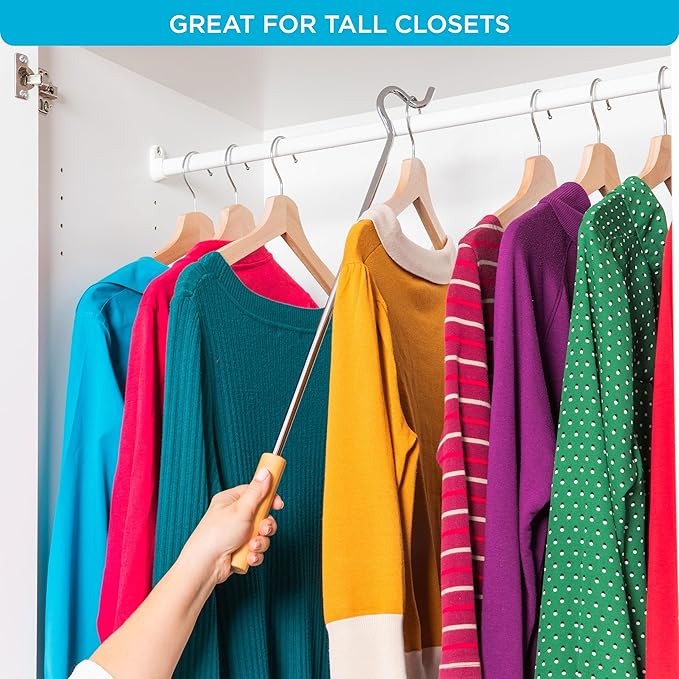 Closet Reacher Pole with Hook and Wooden Handle, Heavy Duty - Adjustable 2.75-5 Feet, Chrome Plated Steel Clothing Hanger She