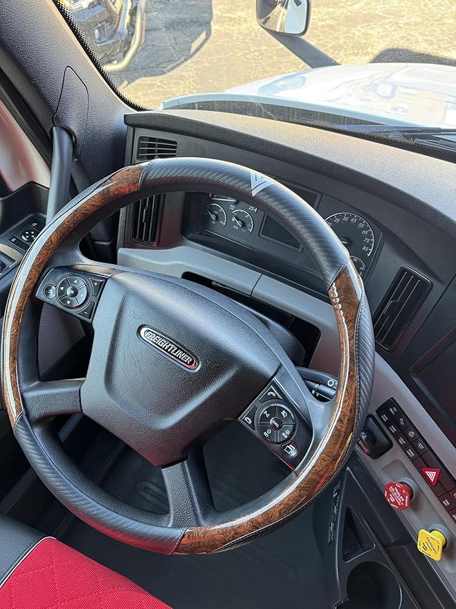 18-Inch Genuine Leather Steering Wheel Cover for Semi Trucks – Wood Grain Imitation Finish, Heavy-Duty Non-Slip Grip, Durable and Comfortable Interior Upgrade