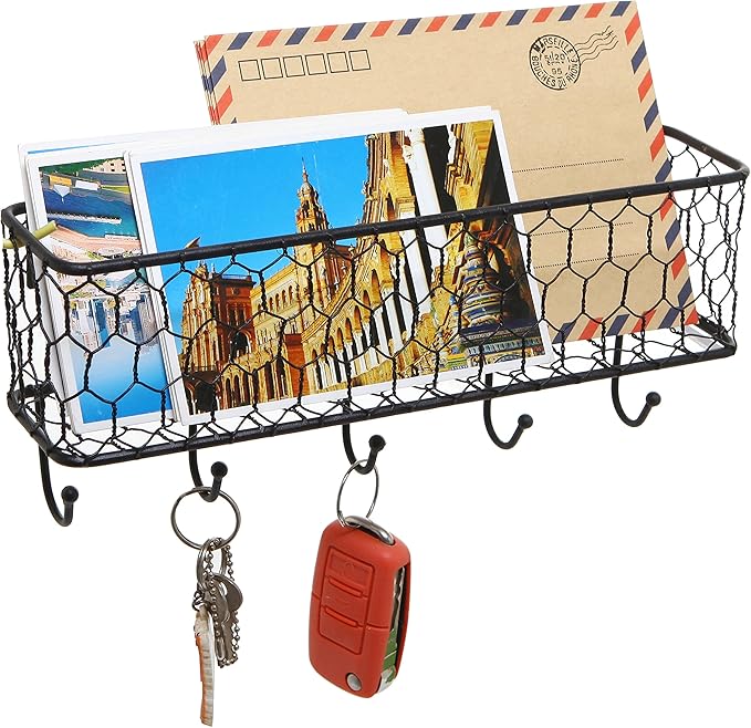 MyGift Wall Mounted Metal Entryway Mail Holder and Key Organizer Rack with 5 Hooks, Decorative Storage Basket and Hanger Hook