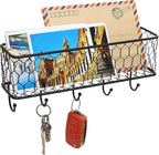 MyGift Wall Mounted Metal Entryway Mail Holder and Key Organizer Rack with 5 Hooks, Decorative Storage Basket and Hanger Hook