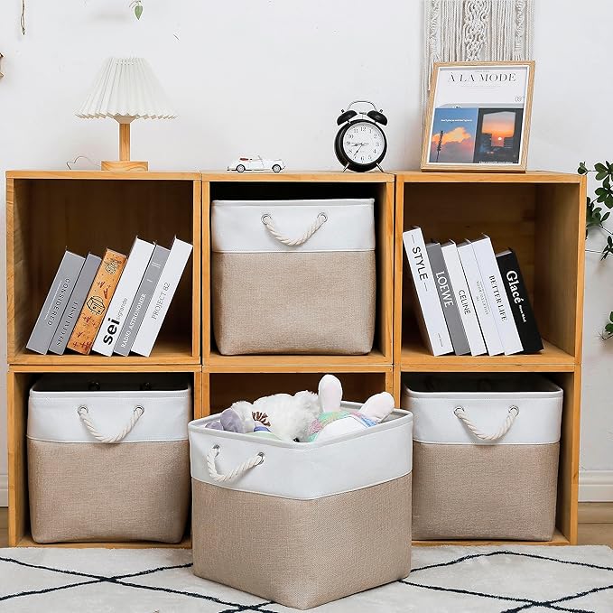 MidmmVick 13 x 13 Inch Cube Storage Bins, 4 Pack Large Collapsible Fabric Storage Bin with Ropes, Foldable Storage Cubes for 