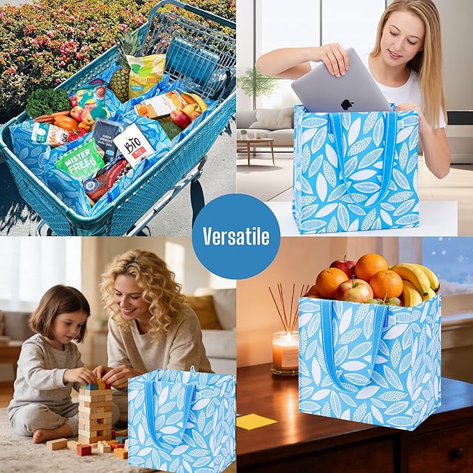 VENO 4 Pack Reusable Grocery Shopping Bags, Heavy-Duty Tote Bags with Handles, for Shopping Cart with Hard Bottom to Stand Upright, Foldable (Spring Breeze, 4 Pack)