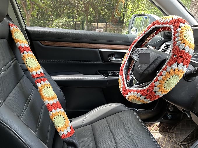 Crochet Sunflower Car Steering Wheel Covers Orange Universal 14-15 inch for Women/Men (Wheel Covers+2belt Covers+2Car Coasters+Strawberry)