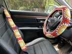 Crochet Sunflower Car Steering Wheel Covers Orange Universal 14-15 inch for Women/Men (Wheel Covers+2belt Covers+2Car Coasters+Strawberry)