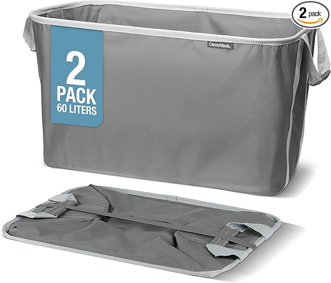 CleverMade Collapsible Laundry Basket 2 Pack – 60L (16 Gal) Foldable Clothes Hamper with Reinforced Handles, Space Saving Fab