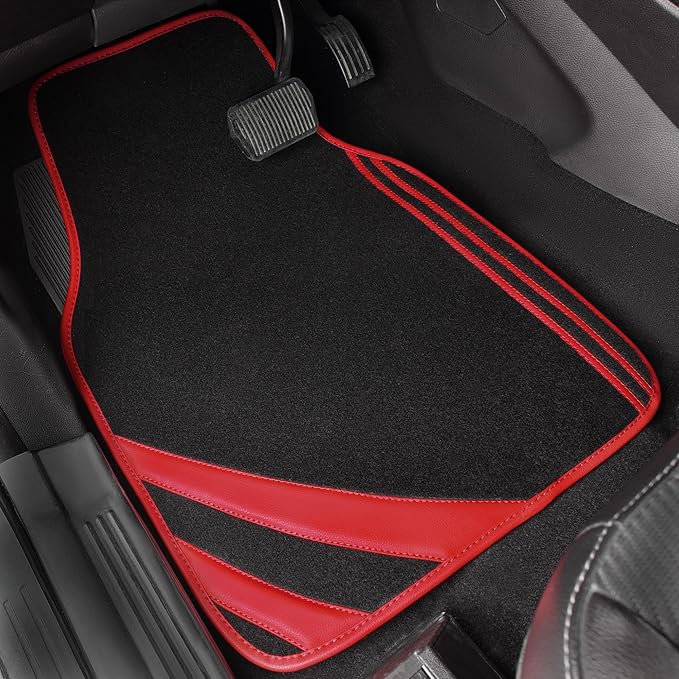 CAR PASS Red Edge Leather Car Floor Mats, Universal Waterproof Car Mats with Double Stitch Line and Anti-Slip Backing Design,
