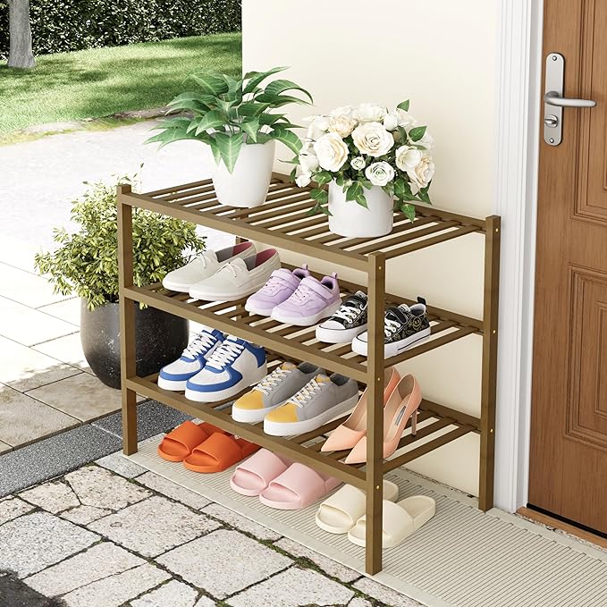 Smiry Shoe Rack, 3 Tier Thick Bamboo Shoe Organizer, Stackable Free Standing Wooden Shoe Storage Shelf for Closet, Entryway, 