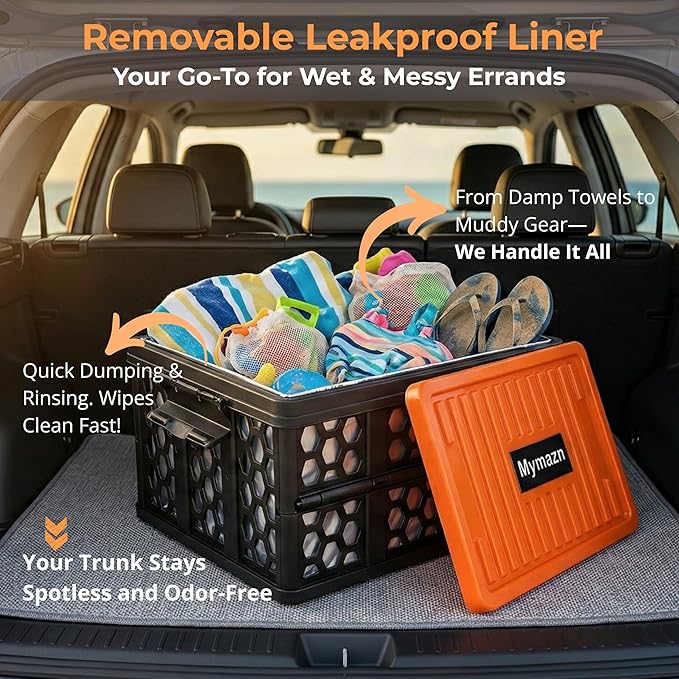 Mymazn Trunk Organizer Plastic for Car, Crate Storage Collapsible Car Organizer for SUV, Groceries, Camping | with Lid,