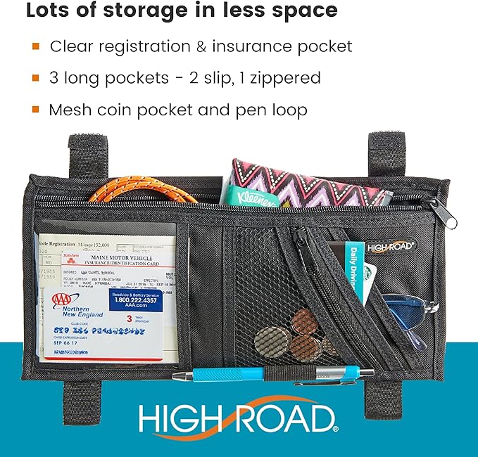 High Road Car Visor Organizer with Secure Zip Pockets, Sunglasses Holder and Clear Registration and Insurance Pocket - Heavy Duty Straps Fit Most Car, SUV and Truck Visors (6)