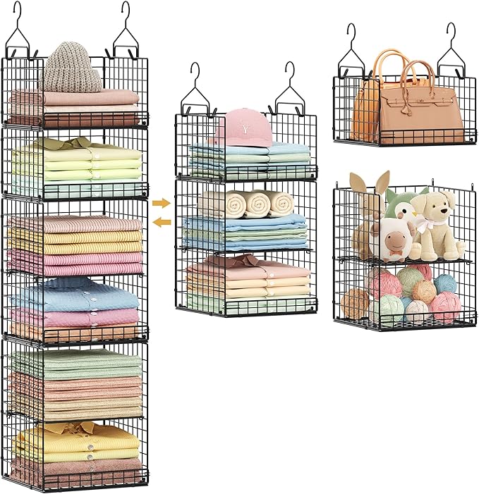 6 Tier Hanging Closet Organizers and Storage Stackable Hanging Closet Shelves with 4 Hooks 2 Adjustable Dividers, Wire Storag