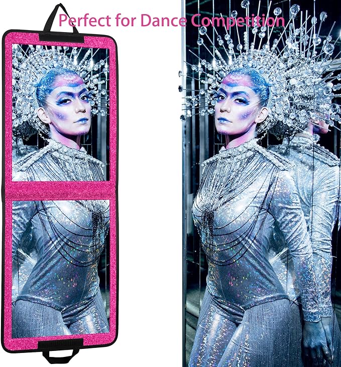 LPHUMEX Sparkle Hot Pink Folding Mirror 13”x33”, Foldable Full-Length Travel Mirror 3-Way Use, Perfect for Dance, Festivals, 