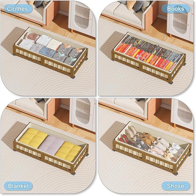 efluky 2-Pack Bamboo Under Bed Storage with Wheels, Rolling UnderBed Storage Basket with Large Dust Bag, Under Bed Storage Co