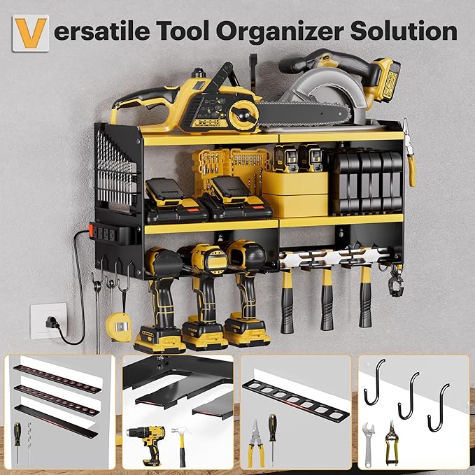 Spampur Large Power Tool Organizer Wall Mount with Charging Station, 3 Layer Heavy Duty Metal Tool Storage Rack Loads 420lbs 