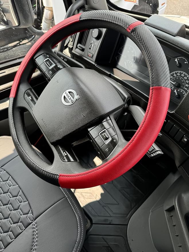 18-Inch Genuine Leather Steering Wheel Cover for Semi Trucks – Red with Black Carbon Fiber Imitation, Heavy-Duty Non-Slip Grip, Universal Fit, Easy Installation