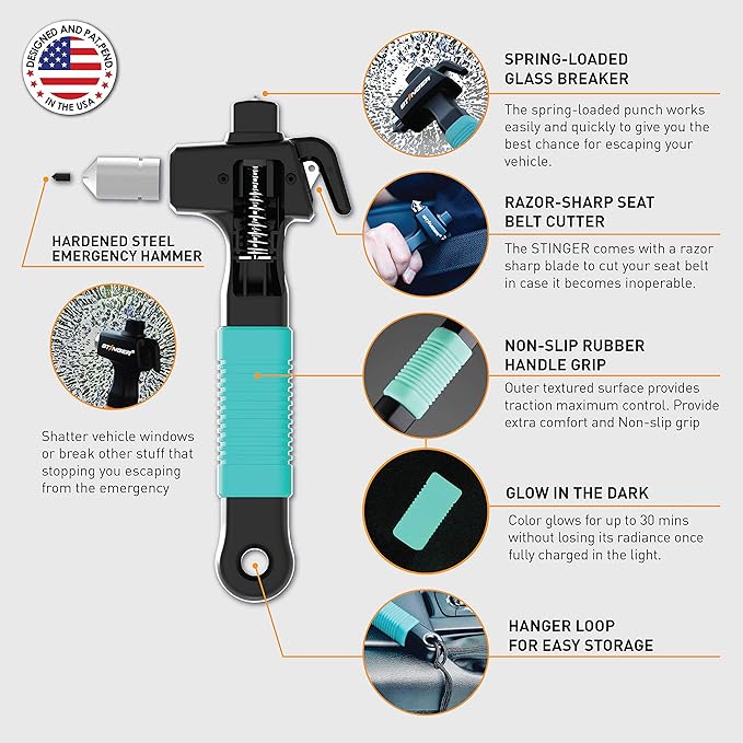 Stinger Super Duty Car Emergency Escape Tool - Hardened Carbon Steel Safety Hammer, Spring-Loaded Window Breaker, Razor-Sharp