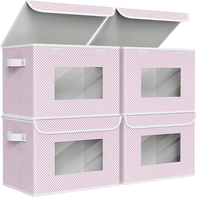 Univivi Fabric Foldable Storage Boxes [4-Pack] Large Collapsible Stackable Storage Bins with Lids, Closet Organizers and Stor
