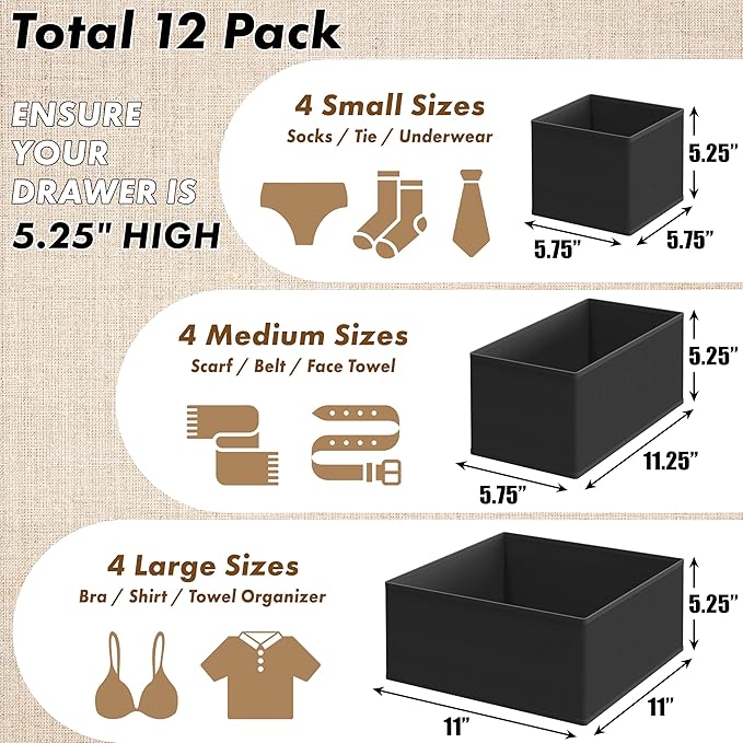 SIMPLE HOUSEWARE Foldable Drawer Organizer for Clothes/Underwear/Panty/Onesie Stocking Bin, Set of 12, Black