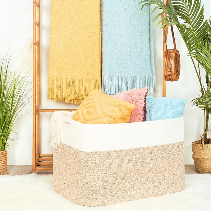 MINTWOOD Design 112L Extra Large Blanket Basket Holder Living Room, 25"x17"x16" Rectangle Rope Woven Storage Basket with Hand
