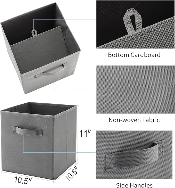 MAX Houser 6 Pack Foldable Fabric Storage Bins with Handles - Ideal for Closet Organization, Bedroom and Nursery (Grey, 10.5"