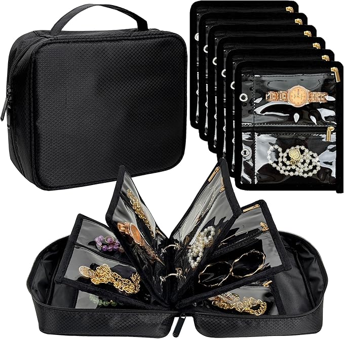 Travel Jewelry Organizer Case,Jewelry Bags for Traveling, Jewelry Binder with 24 Pcs Clear Zipper Velvet Pouches for Storing 
