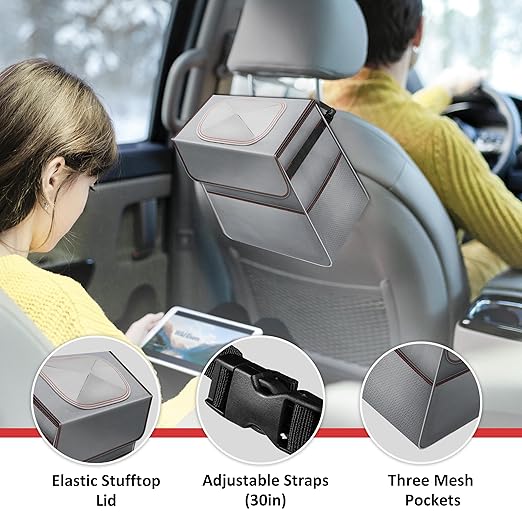 YSSOA Car Trash Can with Lid, Leak-Proof Organizer and Storage Bag, Adjustable and Portable Car Accessory Interior, Collapsible Multipurpose Car Garbage Bag, 2 Gallon, Grey