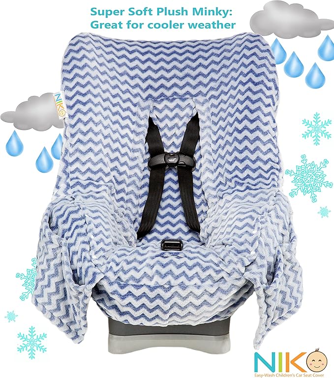 Niko Easy Wash Children's Car Seat Cover & Liner - Blue Chevron Minky - Great for Winter Weather - Universal FIT - Crash Test