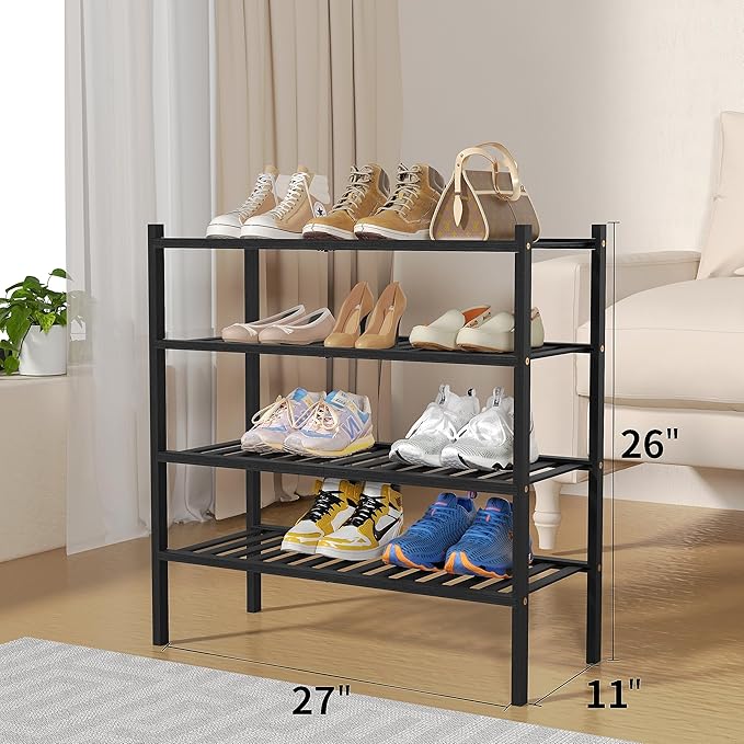 ROMGUAR CRAFT 4 Tier Bamboo Shoe Rack for Closet Free Standing Wood Shoe Shelf for Entryway Small Space Stackable 27"x11"x26"