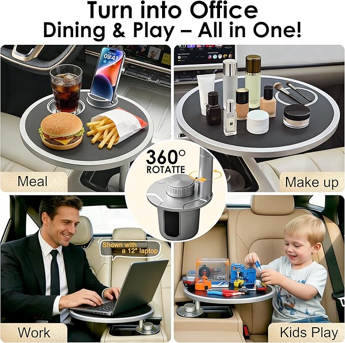 Car Food Tray & Car Table Tray with Car-Grade Aluminum Cup Holder & Phone Stand, Premium Wood with Leather Surface, 360° Rotating Car Desk for Laptop &Eating (Round, Black)
