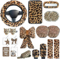 19 Pcs Fluffy Car Accessories Set,Fluffy Plush Leopard Print Steering Wheel Covers,Plush Head Pillow,Pillowcase,Eyeglasses Clip,Car Accessories for Women. (Brown)
