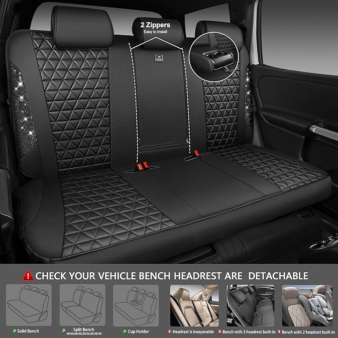 CAR PASS Bling Diamond Black Leather Car Seat Covers Full Sets Interior Sets, Waterproof Shining Glitter Sparkly Crystal Univ