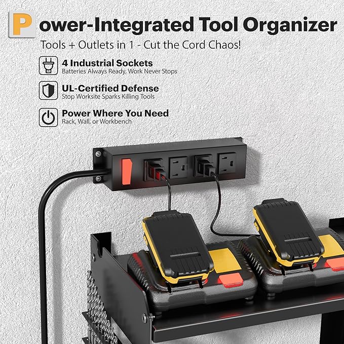 Spampur Power Tool Organizer Wall Mount with Charging Station, 3 Layer Heavy Duty Metal Tool Storage Rack Loads 420lbs with 6