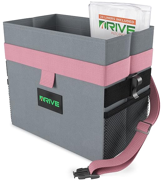 Drive Auto Car Trash Can - Leakproof, Hanging Garbage Bin with 20 Trash Bags and Pink Adjustable Strap - Truck & Car Accessories for Men and Women - Grey with No Lid