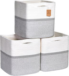 NaturalCozy Storage Cubes 11 Inch Cotton Rope Woven Baskets for Organizing, 3-Pack | Cube Storage Bin | Square Storage Basket