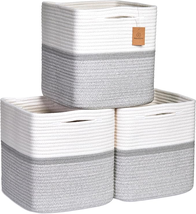 NaturalCozy Storage Cubes 11 Inch Cotton Rope Woven Baskets for Organizing, 3-Pack | Cube Storage Bin | Square Storage Basket