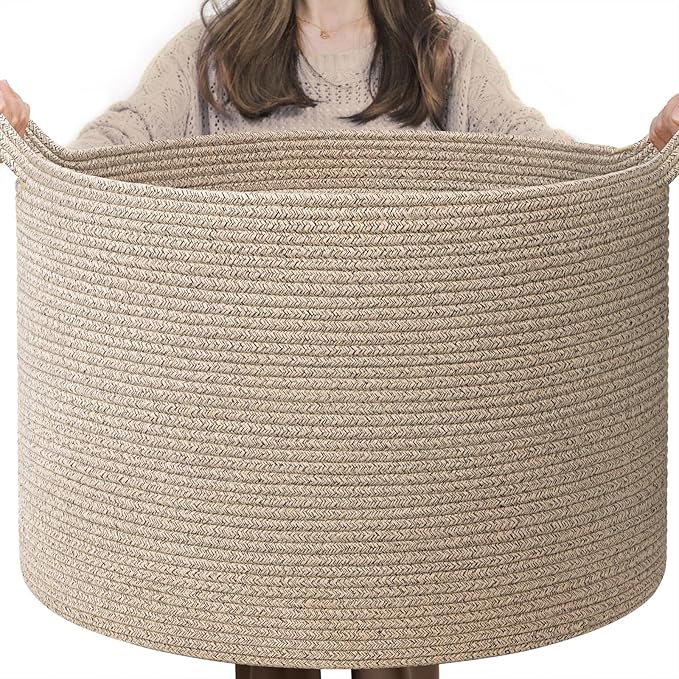 INDRESSME XXXLarge Blanket Basket for Living Room 21.7" x 21.7" x 13.8"-Storage Basket with Handle for Organizing Toy Pillows