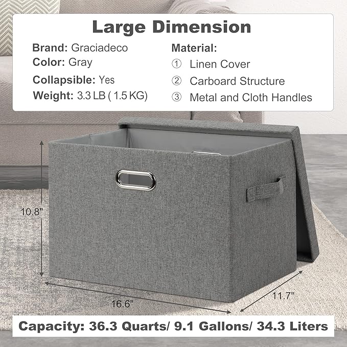 Graciadeco Large 17" 36 Quart Collapsible Stackable Storage Bins with Lids, 5 Packs Gray Foldable Fabric Closet Storage Boxes