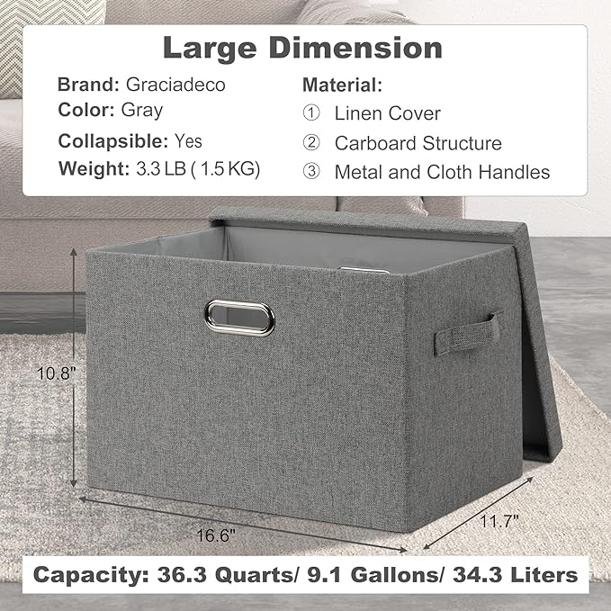 Graciadeco Large 17" 36 Quart Collapsible Stackable Storage Bins with Lids, 1 Pack Grey Foldable Fabric Closet Storage Boxes 