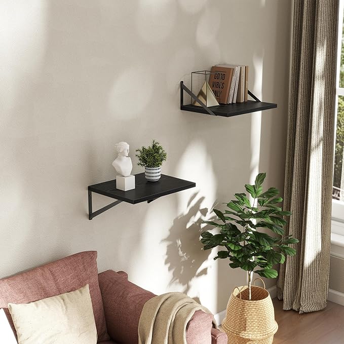 Deep Floating Shelves Wall Mounted, 16"x12" Black Wall Shelves with Brackets Set of 2 for Bedroom, Living Room, Bathroom, Kit