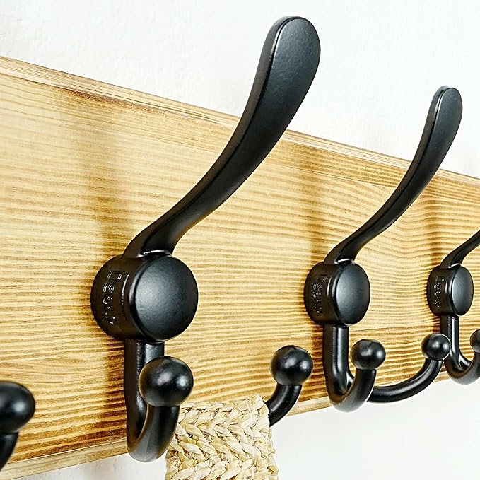 Dseap Coat Rack Wall Mount - Heavy-Duty Robust Rustic Wooden Wall Coat Hanger Hook Rail with 5 Triple Hooks for Winter Coats 