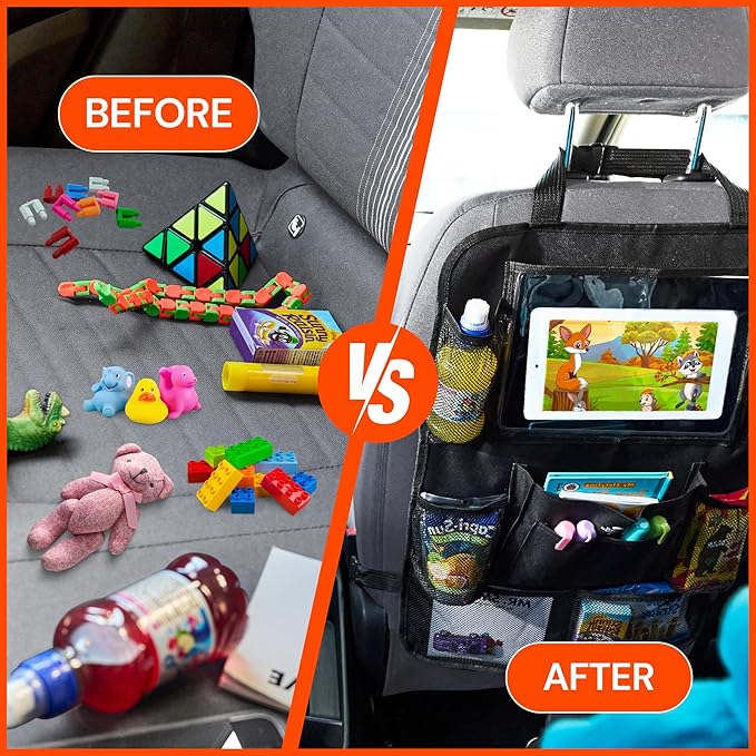 Backseat Car Organizer, Kick Mat Back Seat Protector with Touch Screen Tablet Holder, Back Seat Organizer for Baby & Kids, Travel Accessories with 9 Storage Pockets & 4 Headrest Hooks, Pack of 2-Black