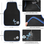 CAR PASS Blue Butterfly Car Seat Covers Full Set, Embroidered Flower Waterproof Car Floor Mats Carpet, Butterflies Steering W