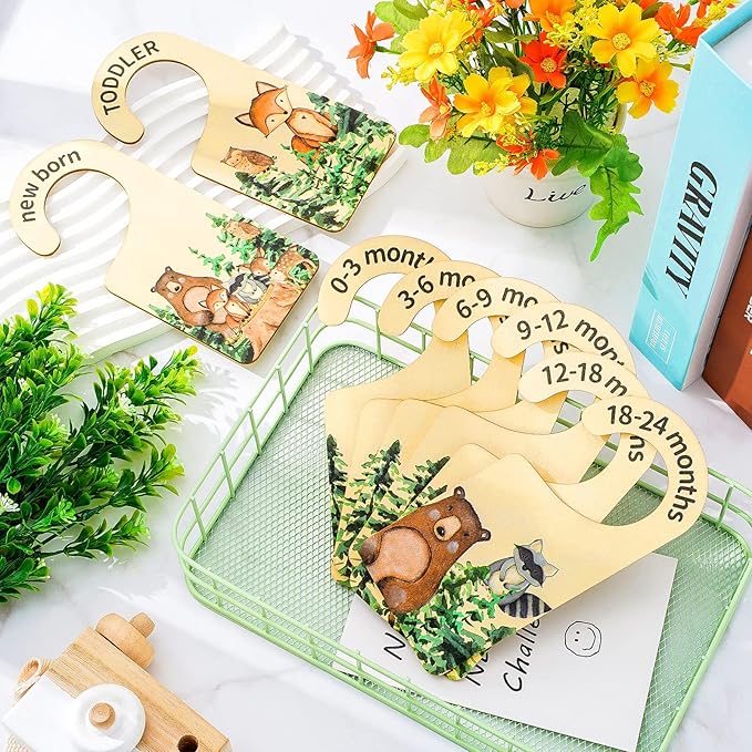 Whaline 8 Pcs Baby Closet Size Dividers Woodland Design Hanging Wooden Baby Closet Organizer Newborn to 24 Months Thicken Bab